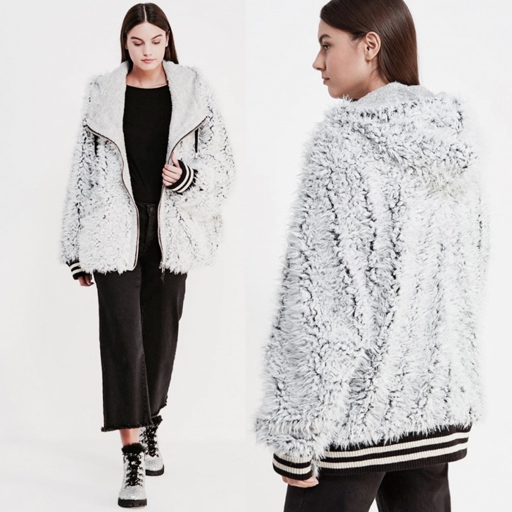 Free People White Faux Shearling Bomber Jacket with Striped Trim
